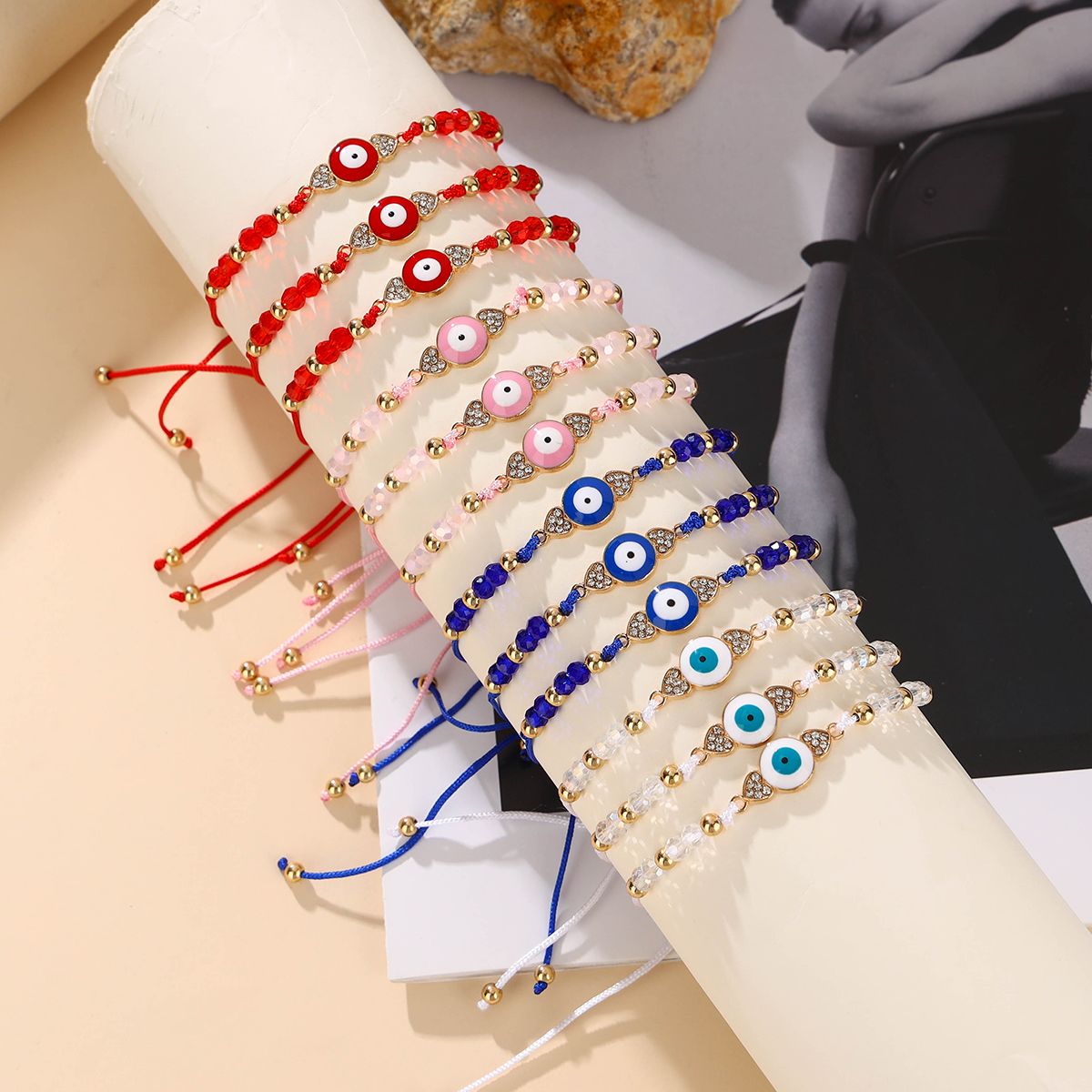 12 Pieces Braided Rope Zinc Alloy Artificial Crystal Eyes Handmade Adjustable Fashion Bracelet Set