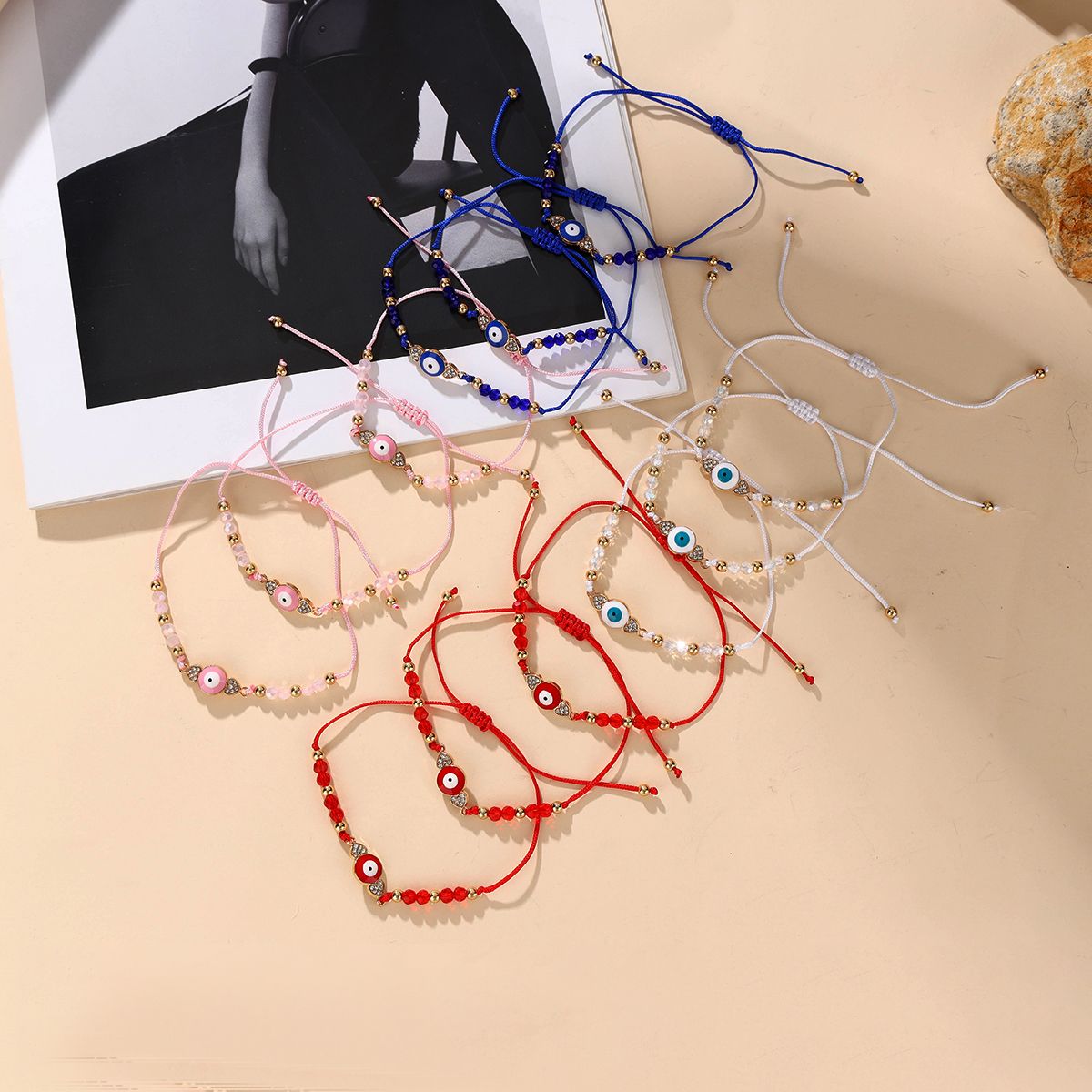 12 Pieces Braided Rope Zinc Alloy Artificial Crystal Eyes Handmade Adjustable Fashion Bracelet Set