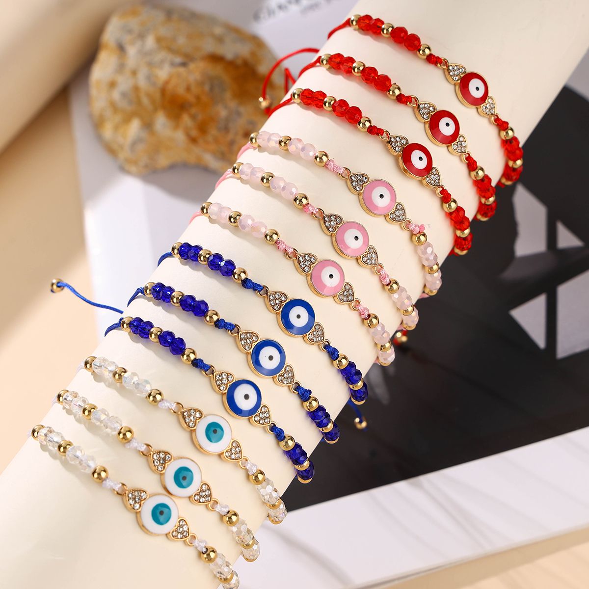 12 Pieces Braided Rope Zinc Alloy Artificial Crystal Eyes Handmade Adjustable Fashion Bracelet Set