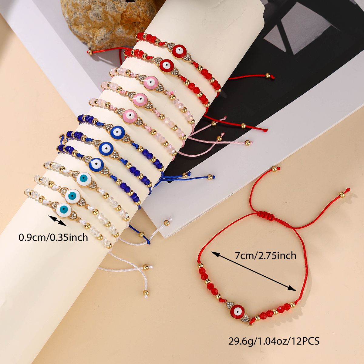 12 Pieces Braided Rope Zinc Alloy Artificial Crystal Eyes Handmade Adjustable Fashion Bracelet Set