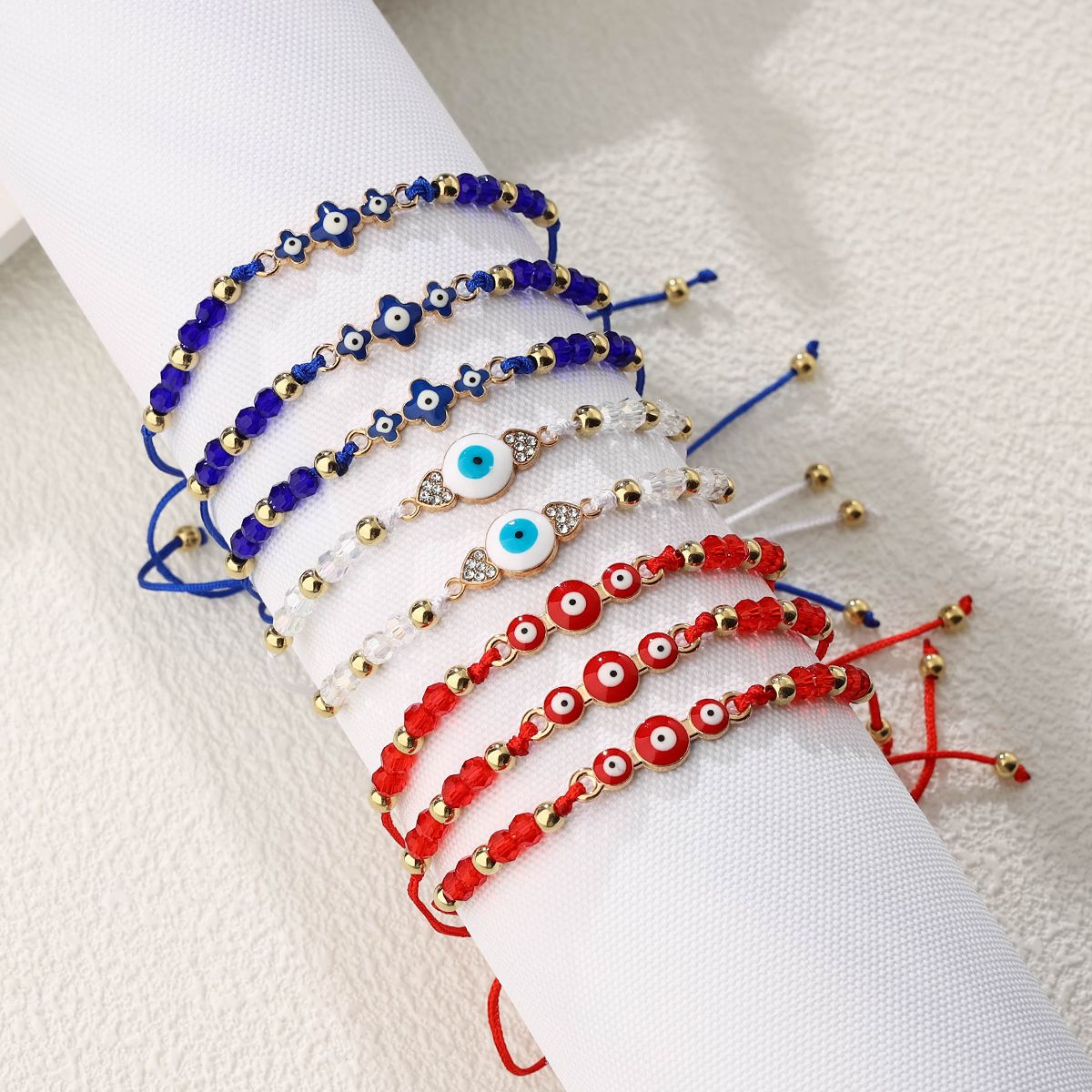 8 pieces woven rope zinc alloy artificial crystal multi-color eye hand woven adjustable fashion bracelet set