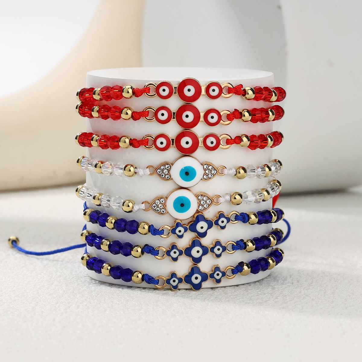 8 pieces woven rope zinc alloy artificial crystal multi-color eye hand woven adjustable fashion bracelet set