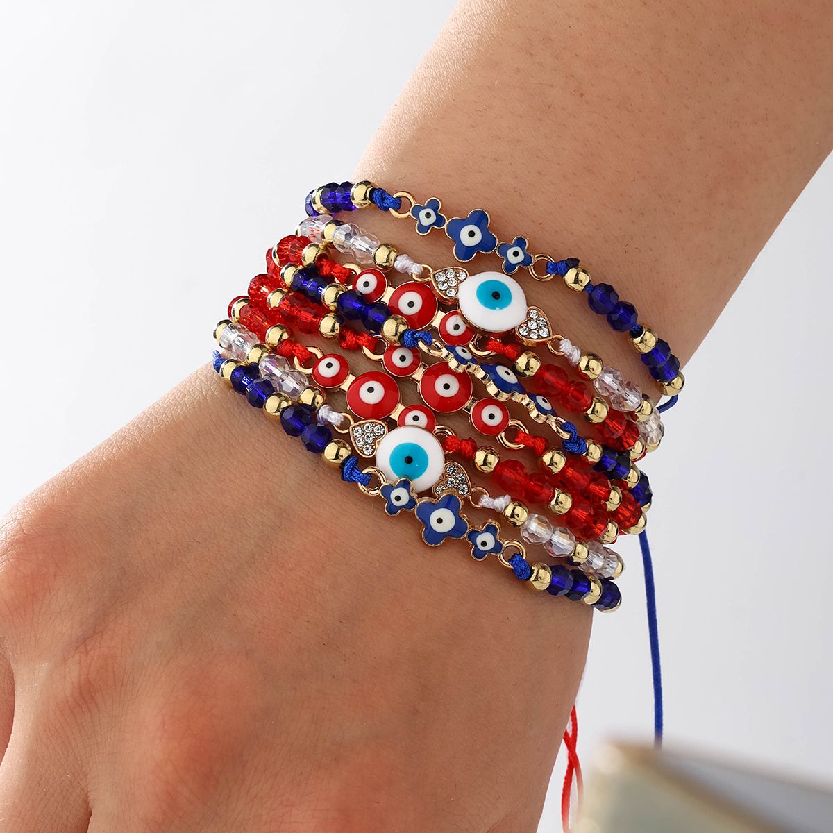 8 pieces woven rope zinc alloy artificial crystal multi-color eye hand woven adjustable fashion bracelet set