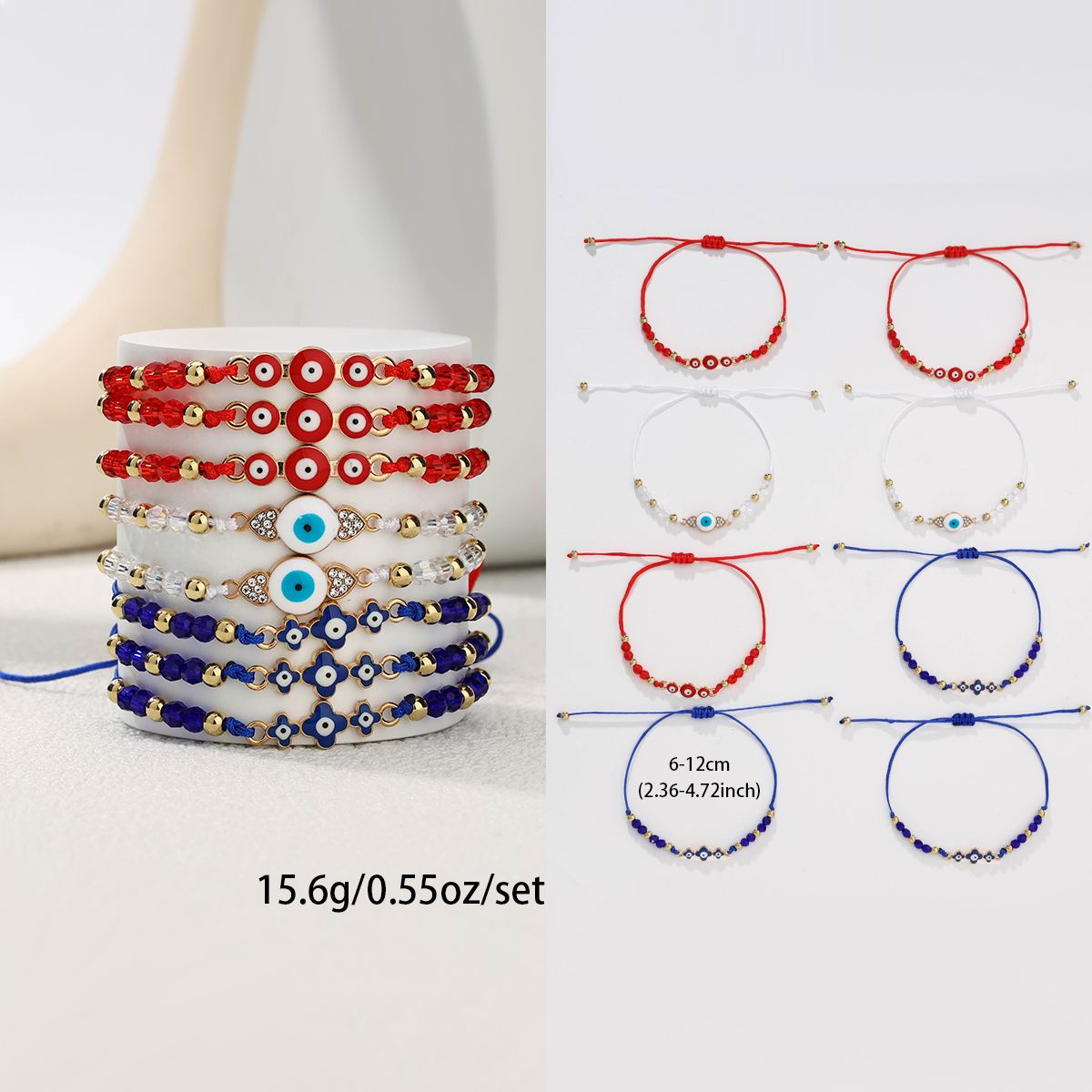 8 pieces woven rope zinc alloy artificial crystal multi-color eye hand woven adjustable fashion bracelet set