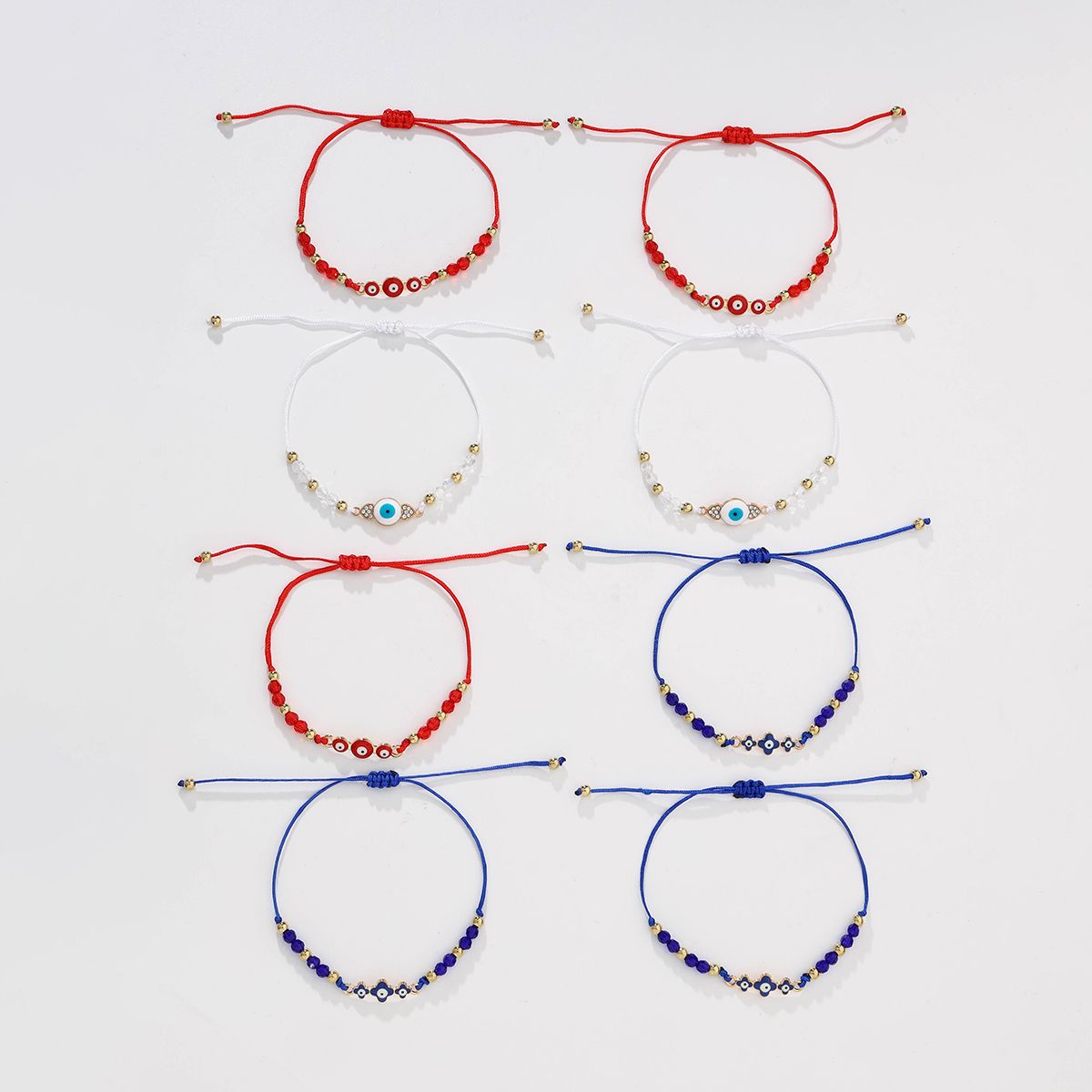 8 pieces woven rope zinc alloy artificial crystal multi-color eye hand woven adjustable fashion bracelet set