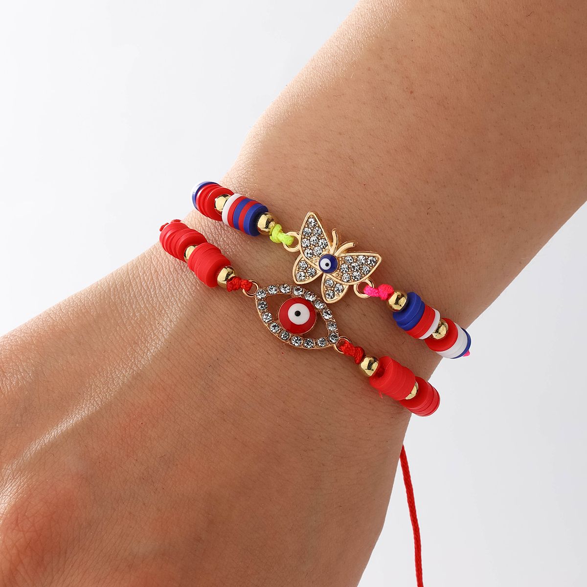 6 pieces woven rope soft ceramic zinc alloy butterfly eye hand woven adjustable fashionable bracelet set