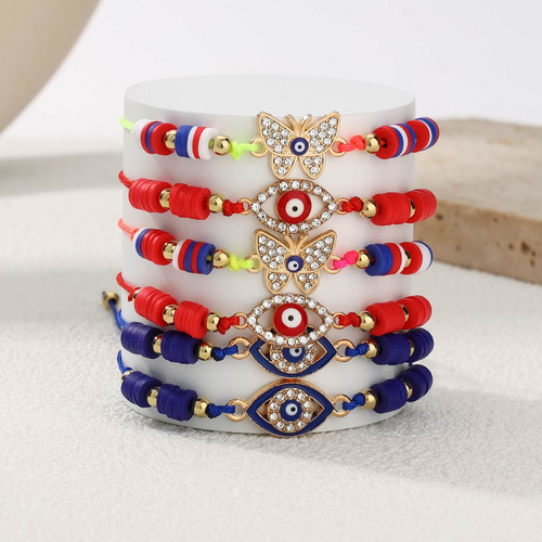 6 pieces woven rope soft ceramic zinc alloy butterfly eye hand woven adjustable fashionable bracelet set