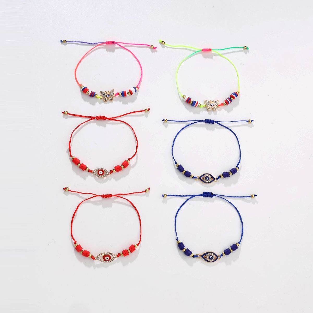 6 pieces woven rope soft ceramic zinc alloy butterfly eye hand woven adjustable fashionable bracelet set