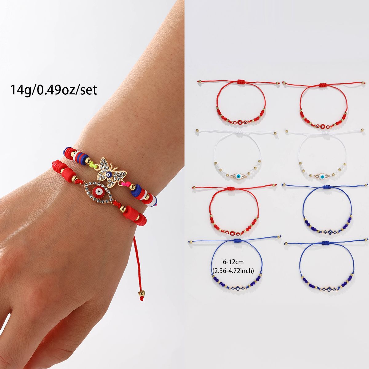 6 pieces woven rope soft ceramic zinc alloy butterfly eye hand woven adjustable fashionable bracelet set