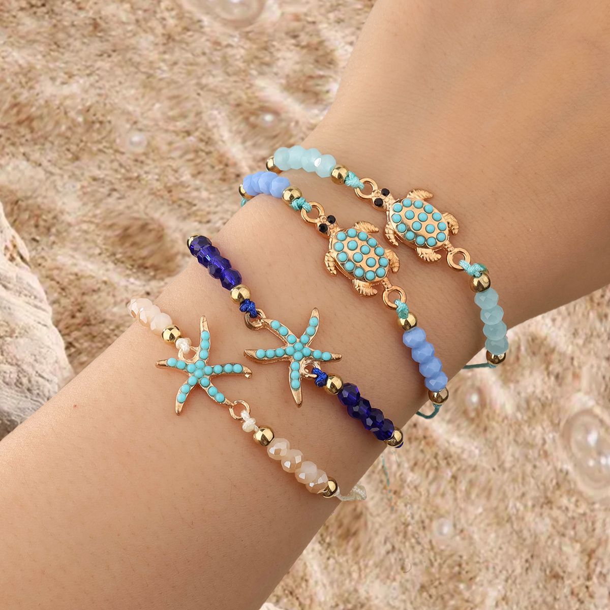 12 pieces woven rope zinc alloy turtle starfish hand woven adjustable fashionable bracelet set