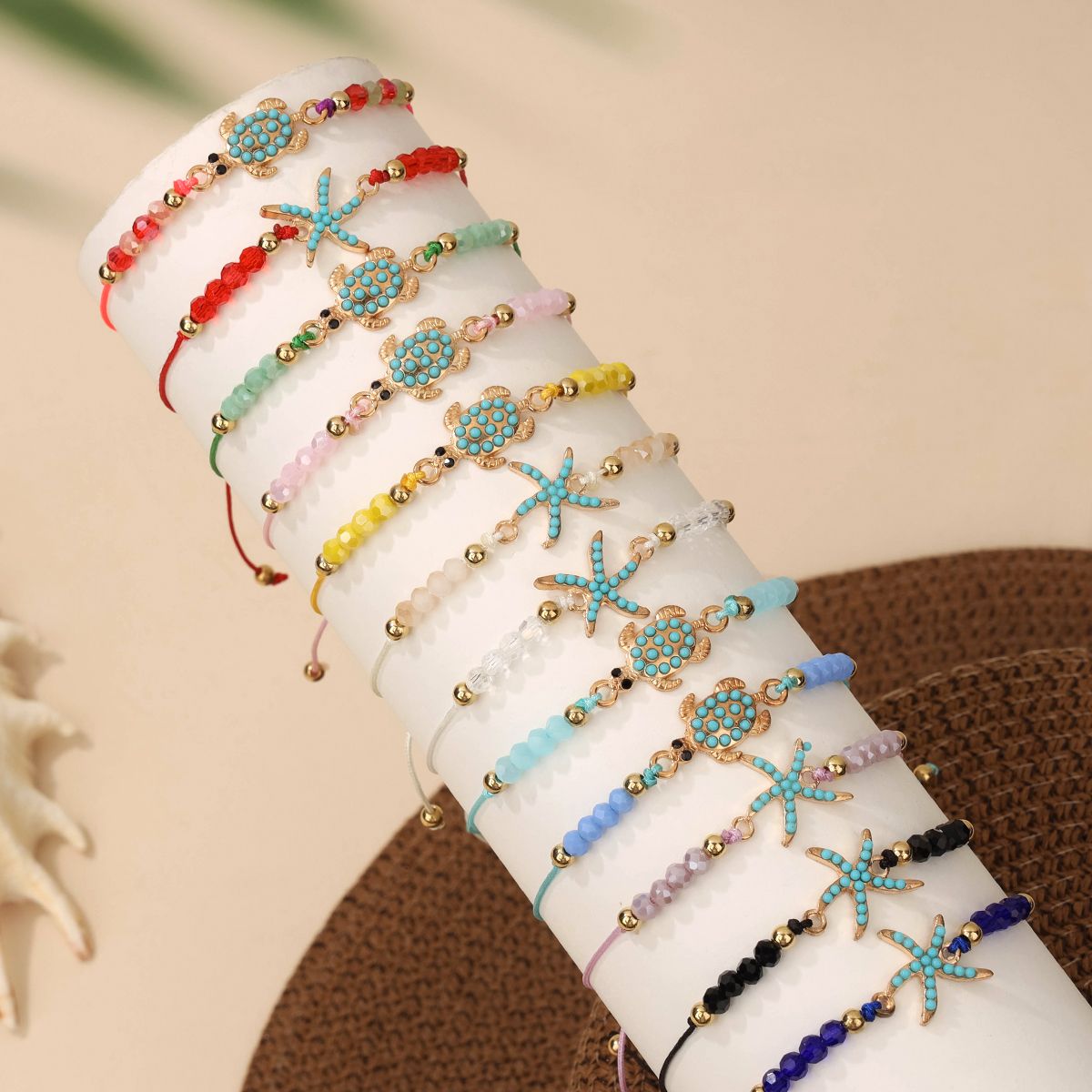 12 pieces woven rope zinc alloy turtle starfish hand woven adjustable fashionable bracelet set