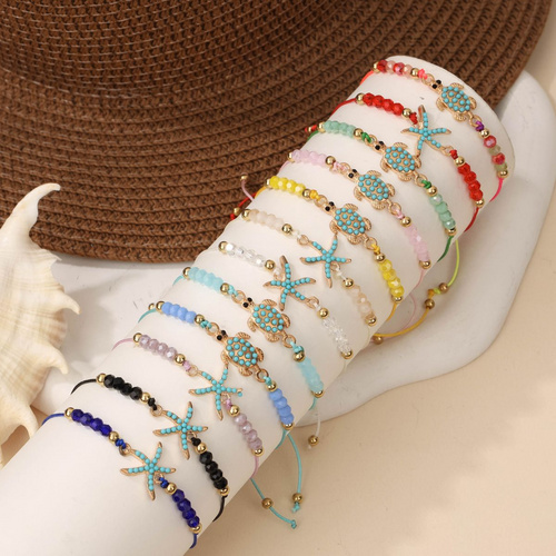 12 pieces woven rope zinc alloy turtle starfish hand woven adjustable fashionable bracelet set