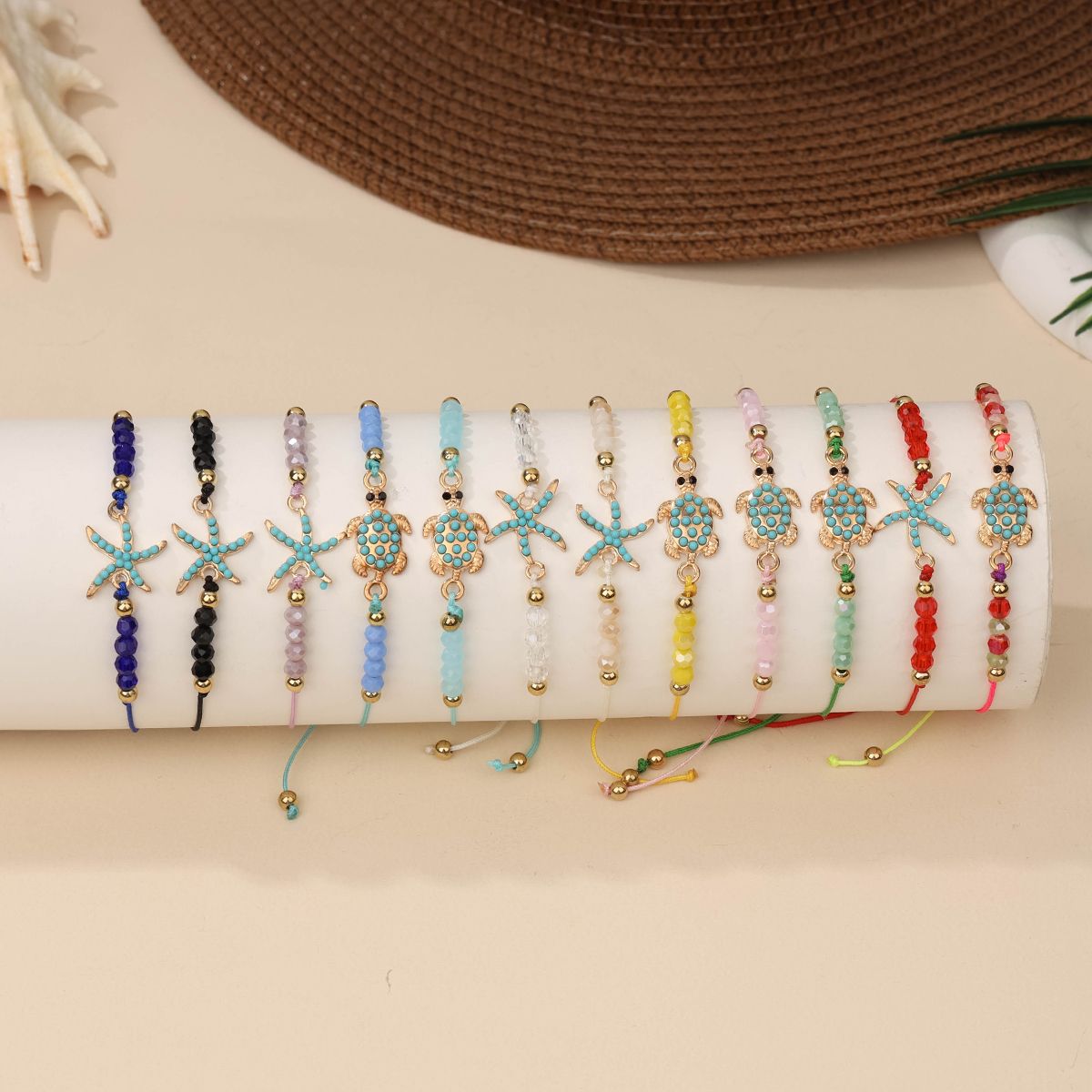 12 pieces woven rope zinc alloy turtle starfish hand woven adjustable fashionable bracelet set