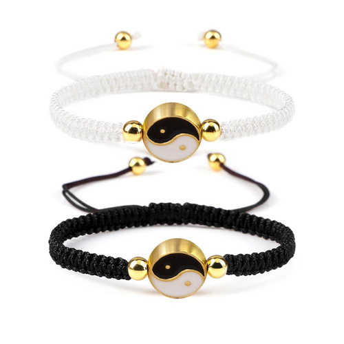 2 pieces woven rope zinc alloy Tai Chi black and white couple hand woven adjustable fashionable bracelet set