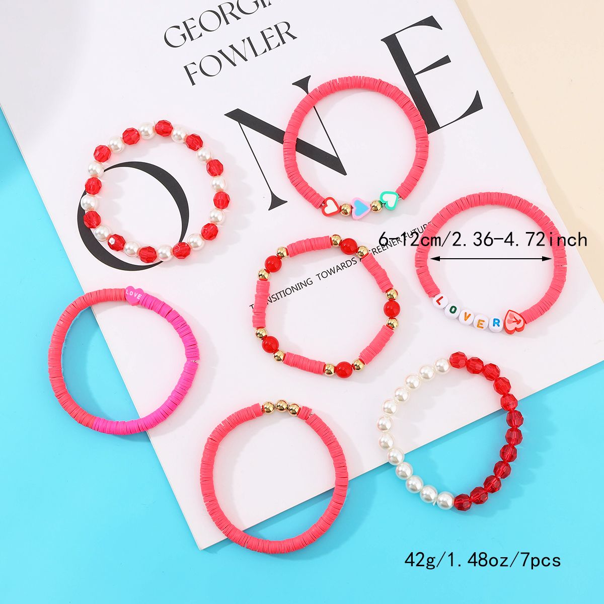 7 Pieces Valentine's Day Soft Ceramic Zinc Alloy Heart-shaped Alphabet Handmade Beaded Elastic Adjustable Fashion Bracelet Set