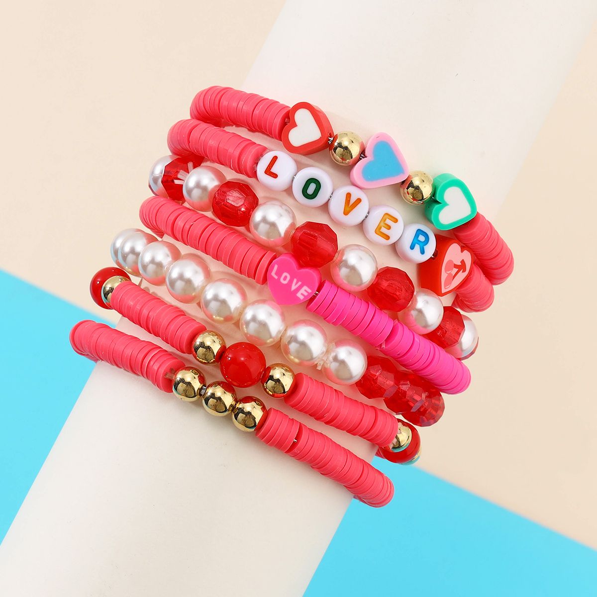 7 Pieces Valentine's Day Soft Ceramic Zinc Alloy Heart-shaped Alphabet Handmade Beaded Elastic Adjustable Fashion Bracelet Set