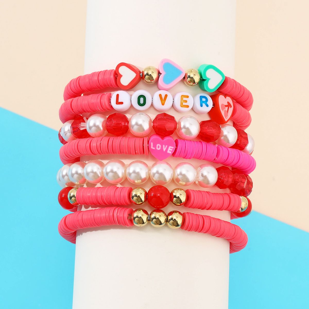 7 Pieces Valentine's Day Soft Ceramic Zinc Alloy Heart-shaped Alphabet Handmade Beaded Elastic Adjustable Fashion Bracelet Set