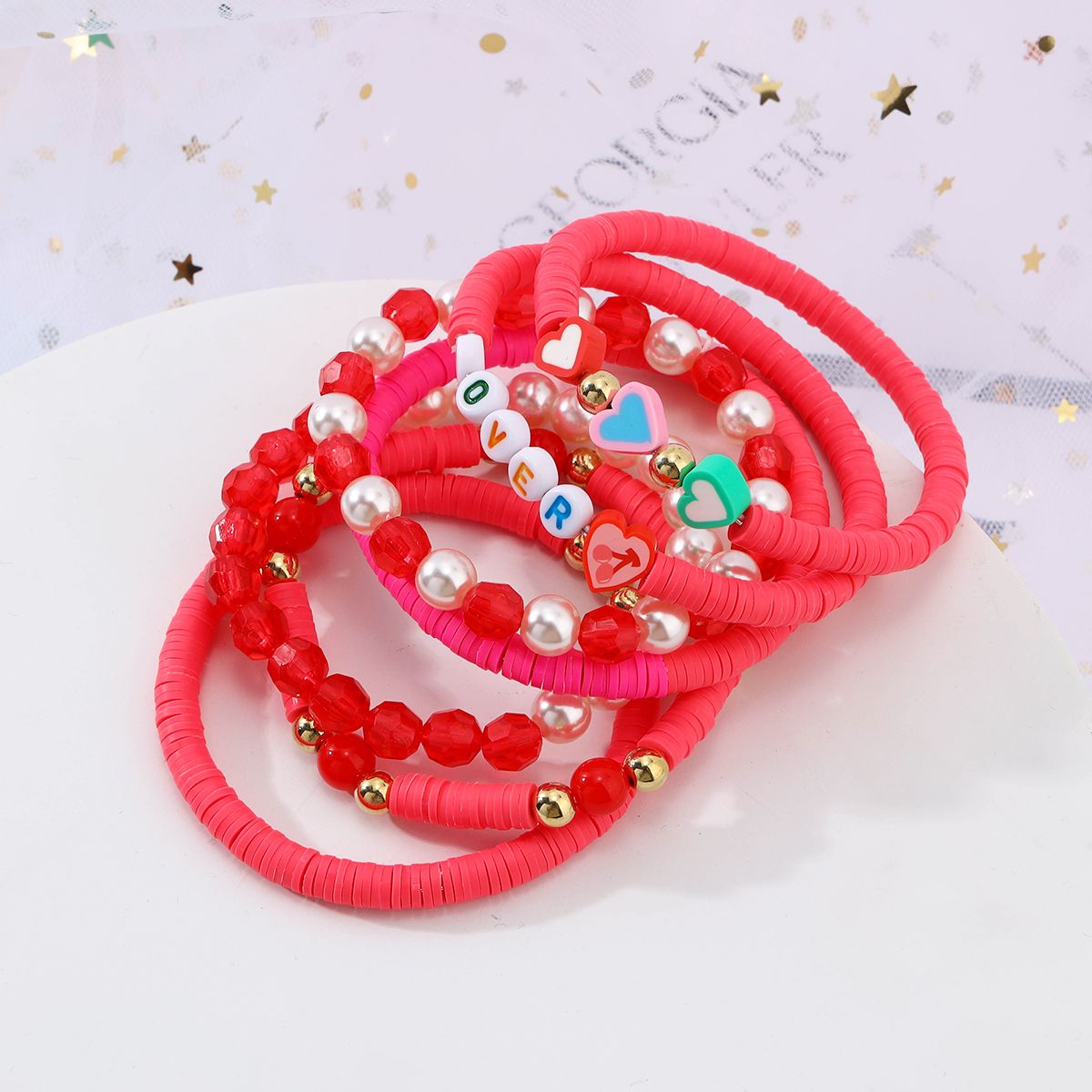 7 Pieces Valentine's Day Soft Ceramic Zinc Alloy Heart-shaped Alphabet Handmade Beaded Elastic Adjustable Fashion Bracelet Set