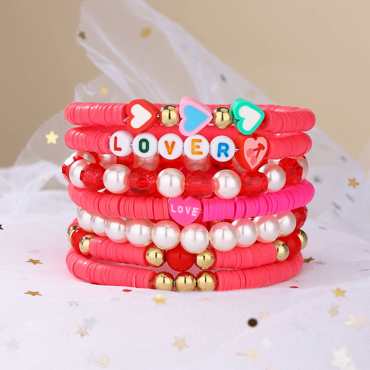 7 Pieces Valentine's Day Soft Ceramic Zinc Alloy Heart-shaped Alphabet Handmade Beaded Elastic Adjustable Fashion Bracelet Set