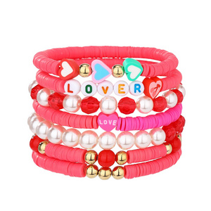 7 Pieces Valentine's Day Soft Ceramic Zinc Alloy Heart-shaped Alphabet Handmade Beaded Elastic Adjustable Fashion Bracelet Set