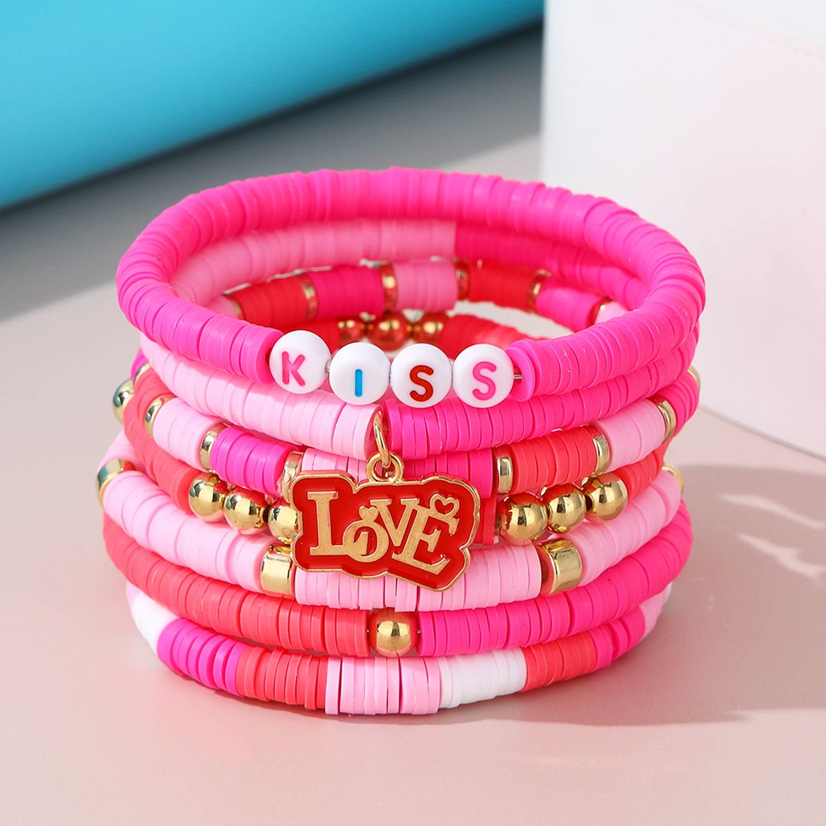 7 Pieces Valentine's Day Soft Ceramic Zinc Alloy Alphabet Charm Handmade Beaded Elastic Adjustable Fashion Bracelet Set