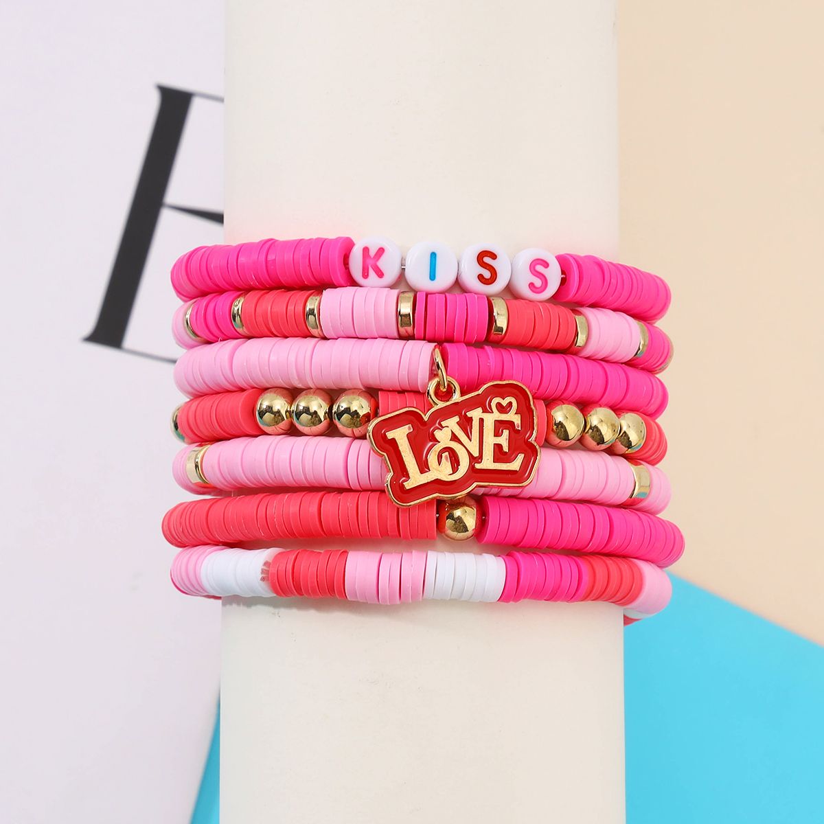 7 Pieces Valentine's Day Soft Ceramic Zinc Alloy Alphabet Charm Handmade Beaded Elastic Adjustable Fashion Bracelet Set