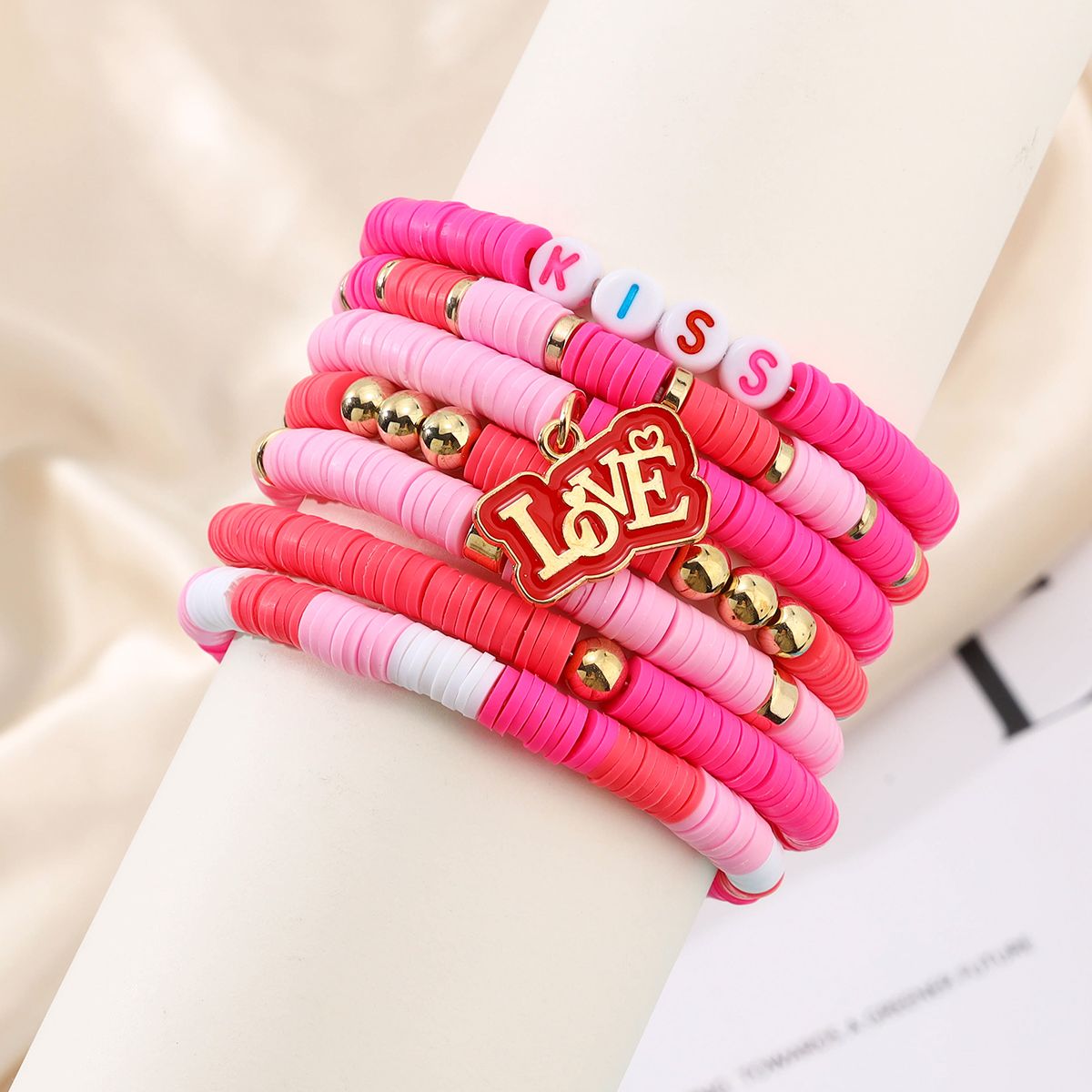 7 Pieces Valentine's Day Soft Ceramic Zinc Alloy Alphabet Charm Handmade Beaded Elastic Adjustable Fashion Bracelet Set