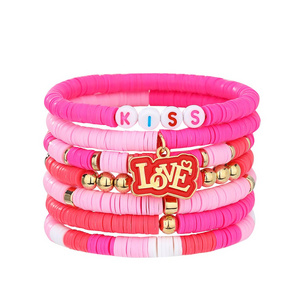 7 Pieces Valentine's Day Soft Ceramic Zinc Alloy Alphabet Charm Handmade Beaded Elastic Adjustable Fashion Bracelet Set