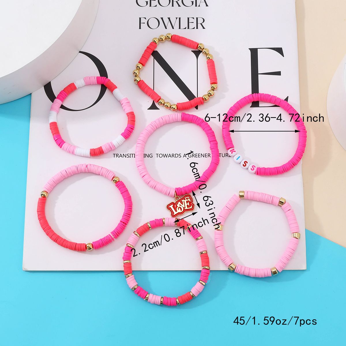 7 Pieces Valentine's Day Soft Ceramic Zinc Alloy Alphabet Charm Handmade Beaded Elastic Adjustable Fashion Bracelet Set