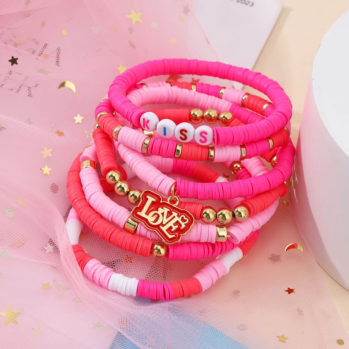 7 Pieces Valentine's Day Soft Ceramic Zinc Alloy Alphabet Charm Handmade Beaded Elastic Adjustable Fashion Bracelet Set