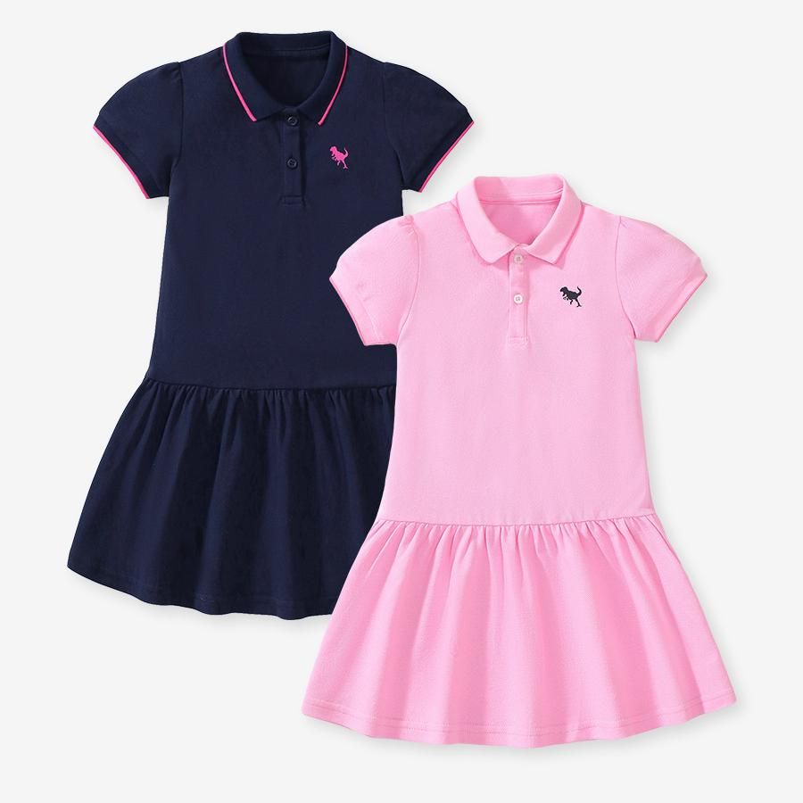 Summer Girls' Short-Sleeve Polo Dress T-Shirt Dress with Embroidered Logo, Casual Cute Sporty Dress