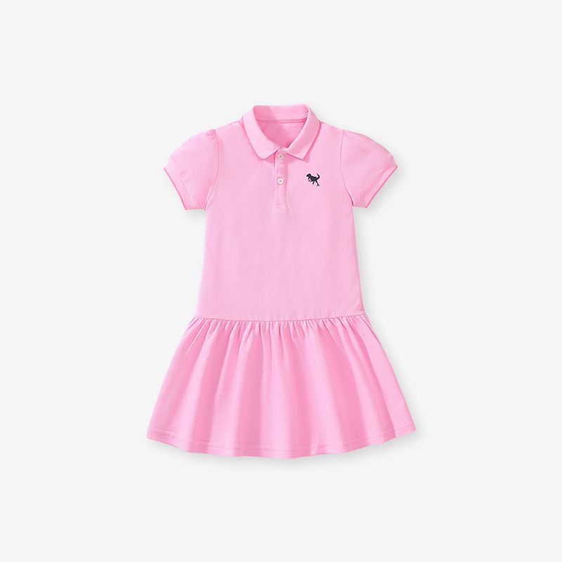 Summer Girls' Short-Sleeve Polo Dress T-Shirt Dress with Embroidered Logo, Casual Cute Sporty Dress