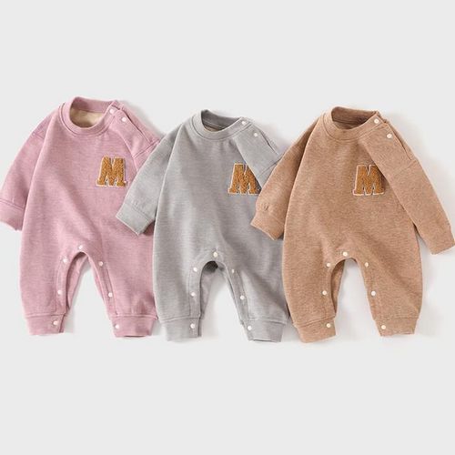 Autumn and Winter Infant Long-Sleeve Jumpsuit, Thick Warm Embroidered Letter Baby Romper