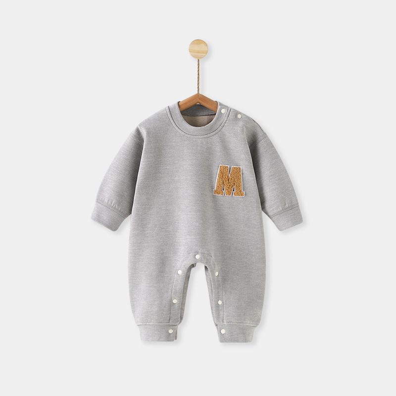 Autumn and Winter Infant Long-Sleeve Jumpsuit, Thick Warm Embroidered Letter Baby Romper