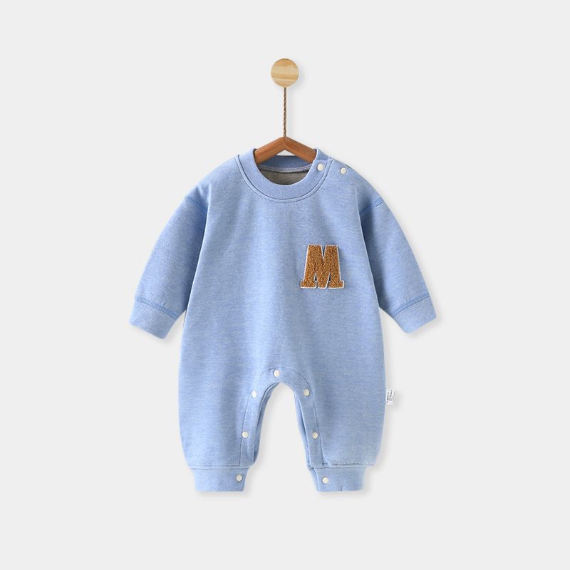 Autumn and Winter Infant Long-Sleeve Jumpsuit, Thick Warm Embroidered Letter Baby Romper