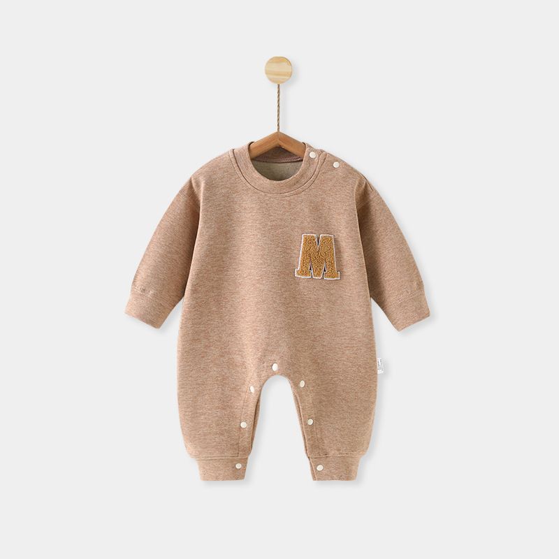 Autumn and Winter Infant Long-Sleeve Jumpsuit, Thick Warm Embroidered Letter Baby Romper