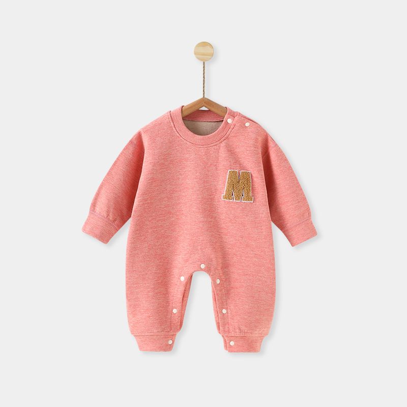 Autumn and Winter Infant Long-Sleeve Jumpsuit, Thick Warm Embroidered Letter Baby Romper