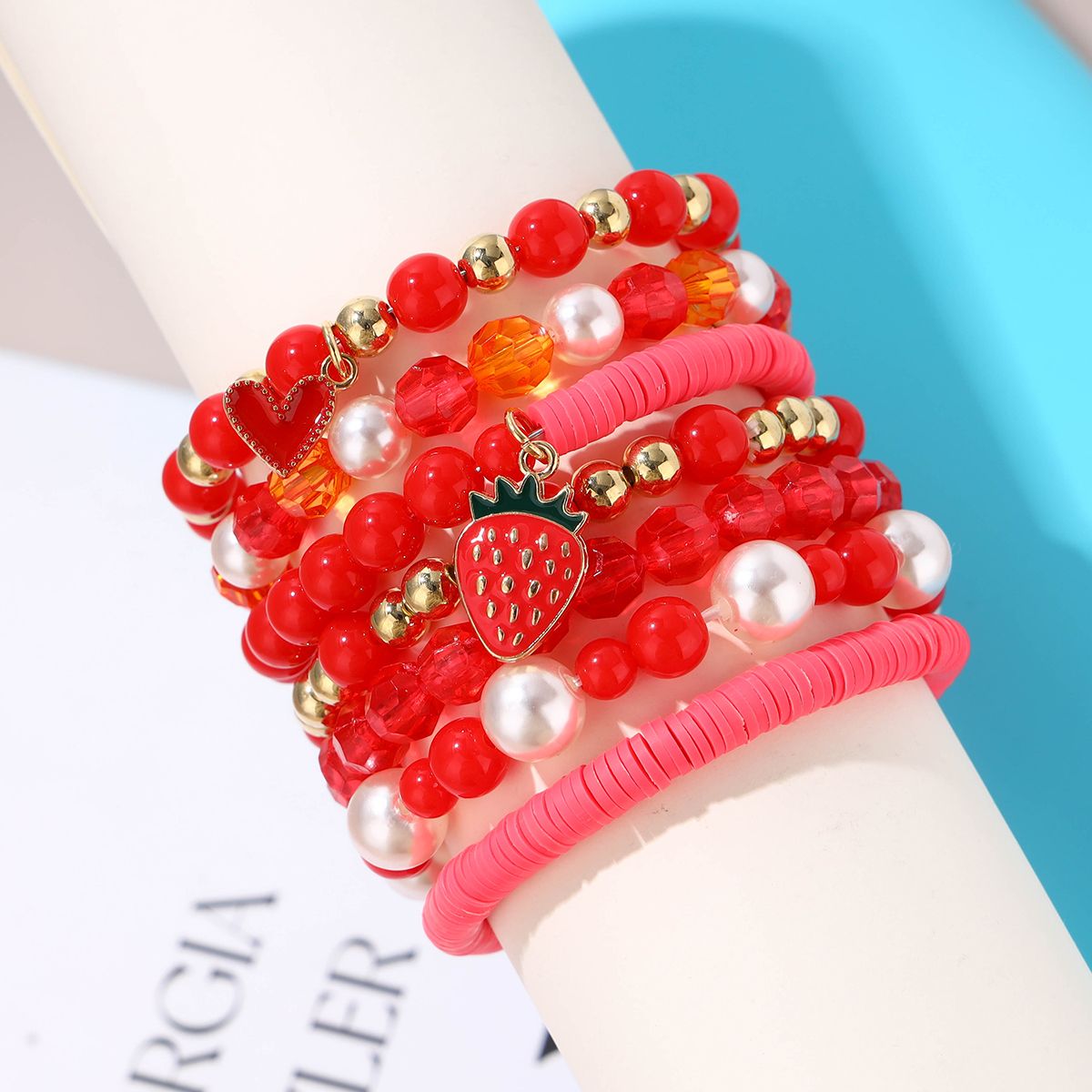 7 Pieces Valentine's Day Artificial Crystal Zinc Alloy Heart Strawberry Handmade Beaded Elastic Adjustable Fashion Bracelet Set