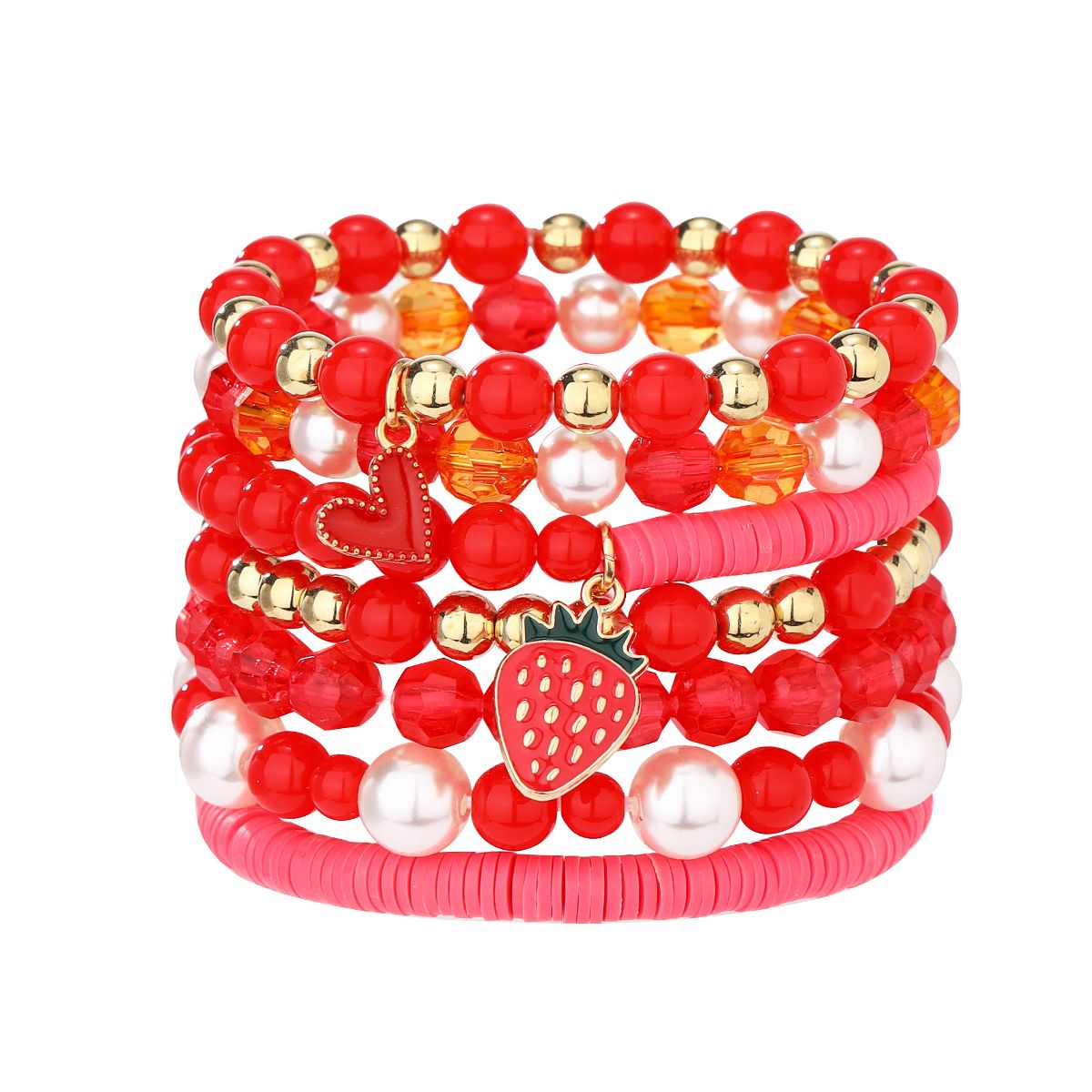 7 Pieces Valentine's Day Artificial Crystal Zinc Alloy Heart Strawberry Handmade Beaded Elastic Adjustable Fashion Bracelet Set