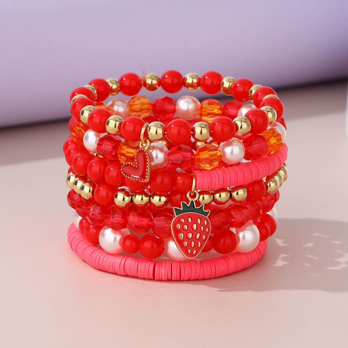 7 Pieces Valentine's Day Artificial Crystal Zinc Alloy Heart Strawberry Handmade Beaded Elastic Adjustable Fashion Bracelet Set