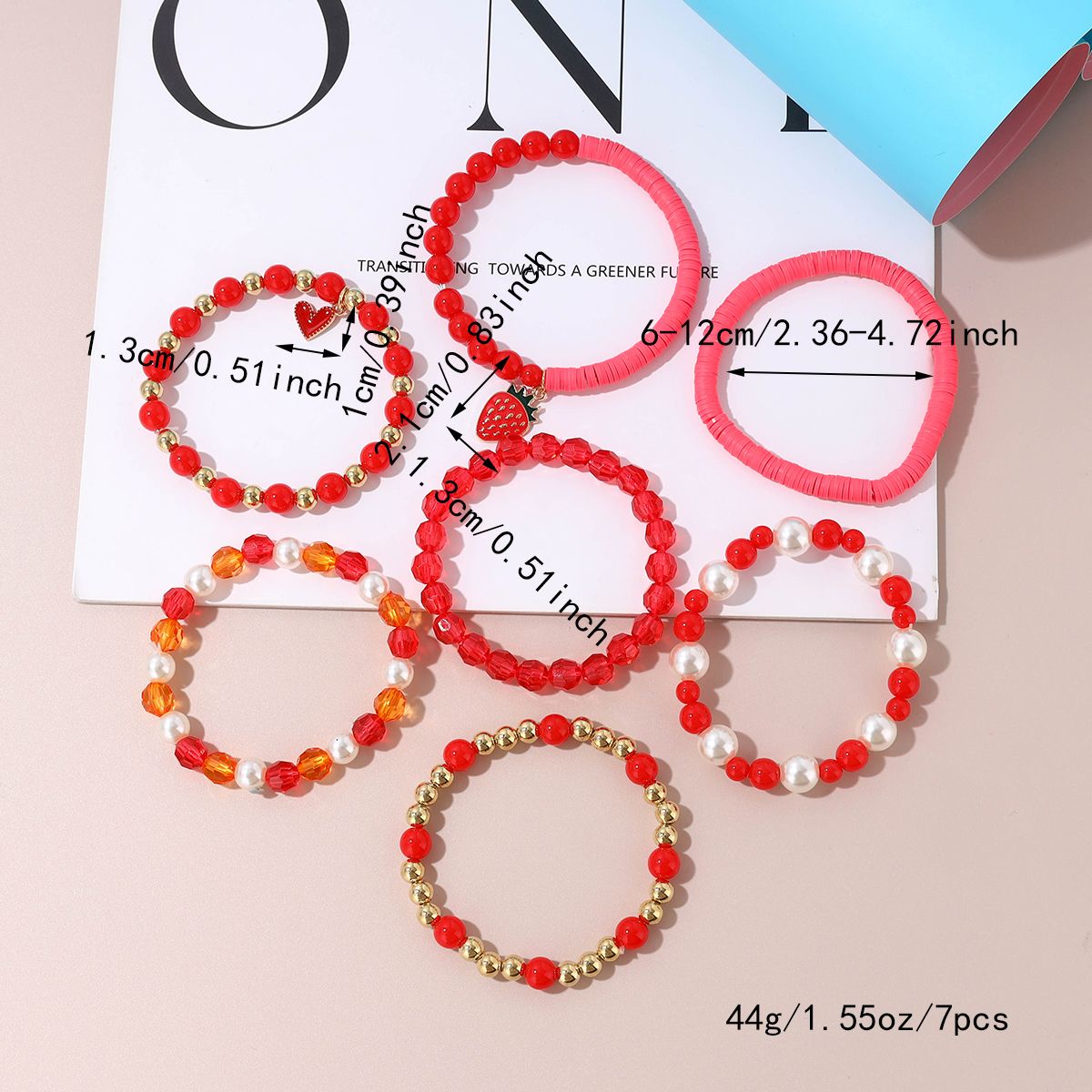 7 Pieces Valentine's Day Artificial Crystal Zinc Alloy Heart Strawberry Handmade Beaded Elastic Adjustable Fashion Bracelet Set