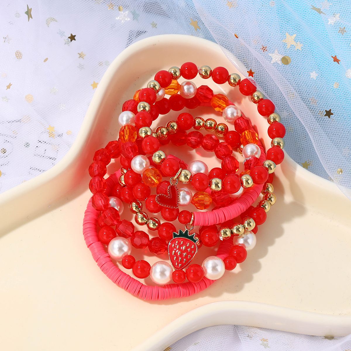 7 Pieces Valentine's Day Artificial Crystal Zinc Alloy Heart Strawberry Handmade Beaded Elastic Adjustable Fashion Bracelet Set