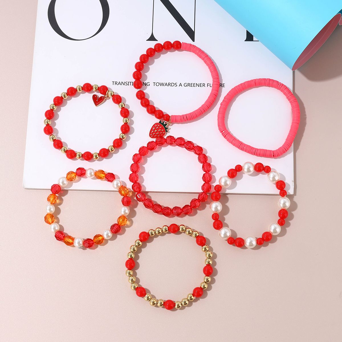 7 Pieces Valentine's Day Artificial Crystal Zinc Alloy Heart Strawberry Handmade Beaded Elastic Adjustable Fashion Bracelet Set