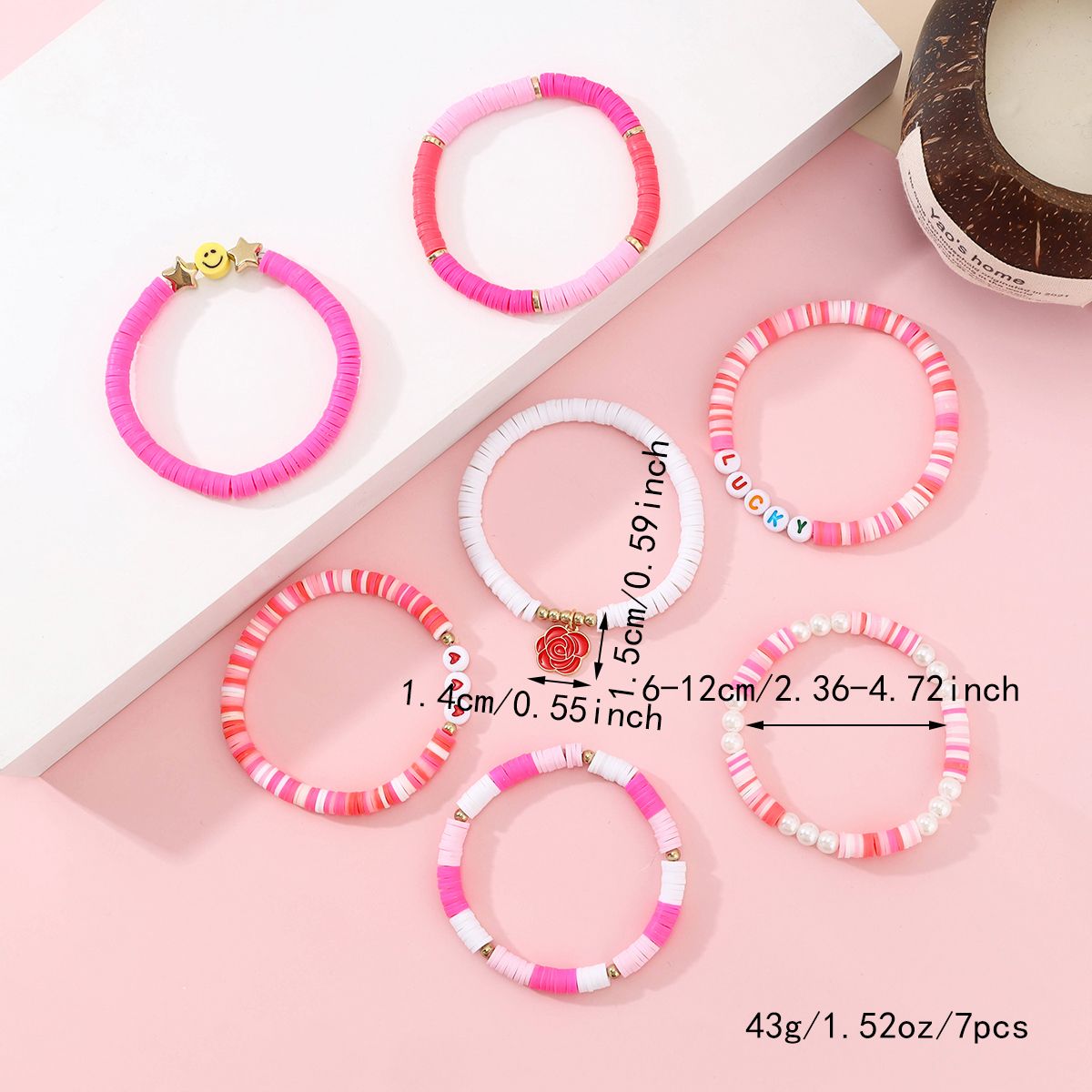 7 Pieces Valentine's Day Soft Ceramic Zinc Alloy Rose Alphabet Handmade Beaded Elastic Adjustable Fashion Bracelet Set