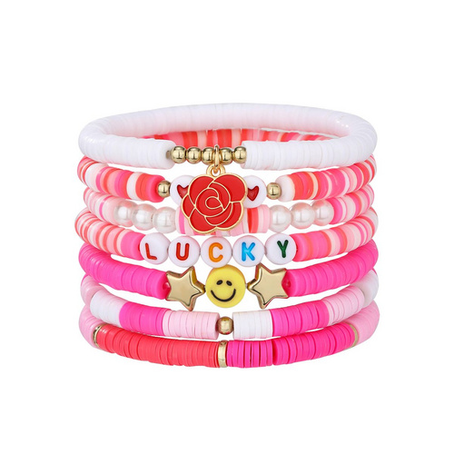 7 Pieces Valentine's Day Soft Ceramic Zinc Alloy Rose Alphabet Handmade Beaded Elastic Adjustable Fashion Bracelet Set