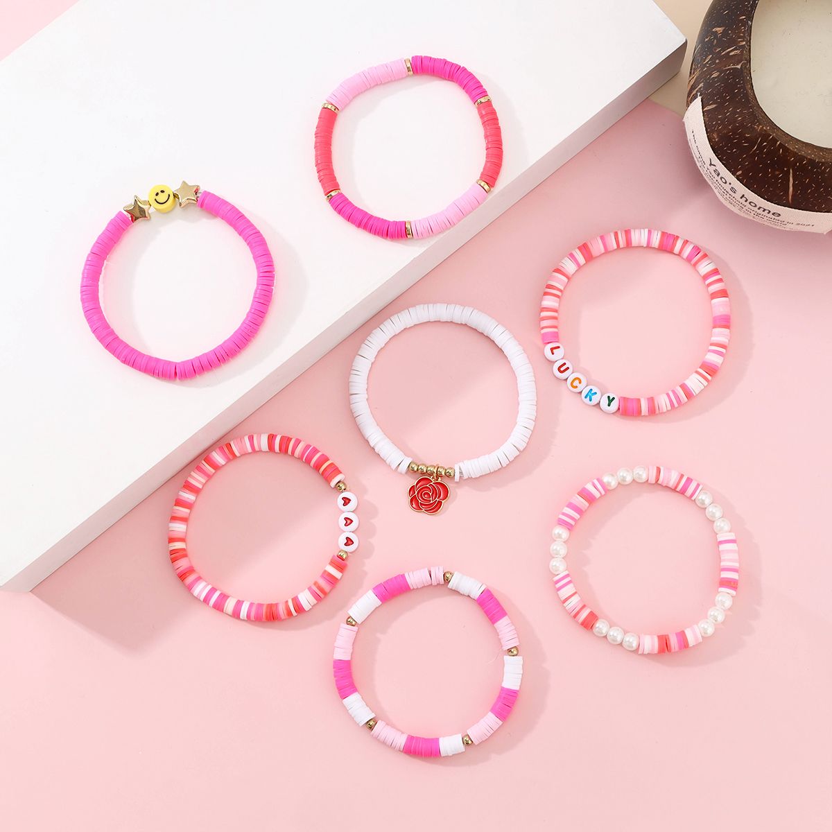 7 Pieces Valentine's Day Soft Ceramic Zinc Alloy Rose Alphabet Handmade Beaded Elastic Adjustable Fashion Bracelet Set