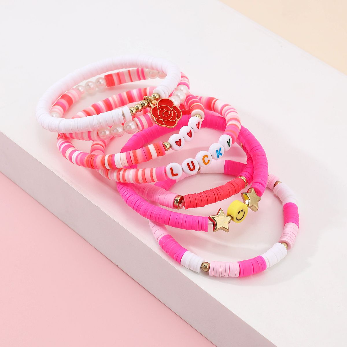 7 Pieces Valentine's Day Soft Ceramic Zinc Alloy Rose Alphabet Handmade Beaded Elastic Adjustable Fashion Bracelet Set