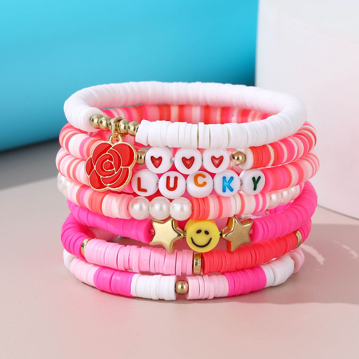 7 Pieces Valentine's Day Soft Ceramic Zinc Alloy Rose Alphabet Handmade Beaded Elastic Adjustable Fashion Bracelet Set