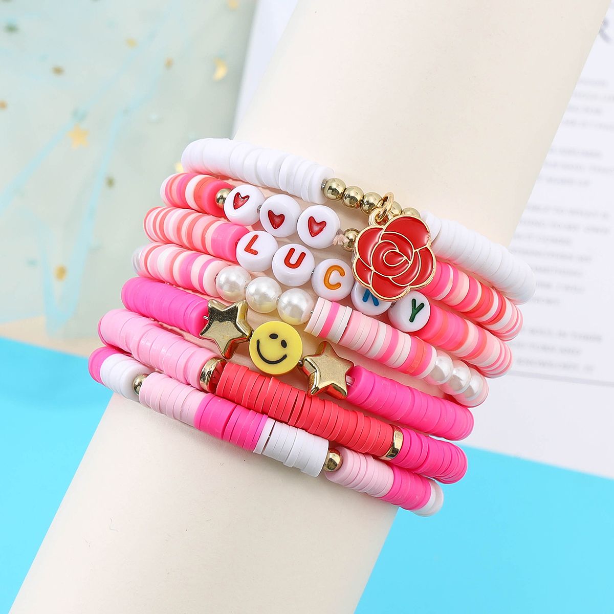 7 Pieces Valentine's Day Soft Ceramic Zinc Alloy Rose Alphabet Handmade Beaded Elastic Adjustable Fashion Bracelet Set