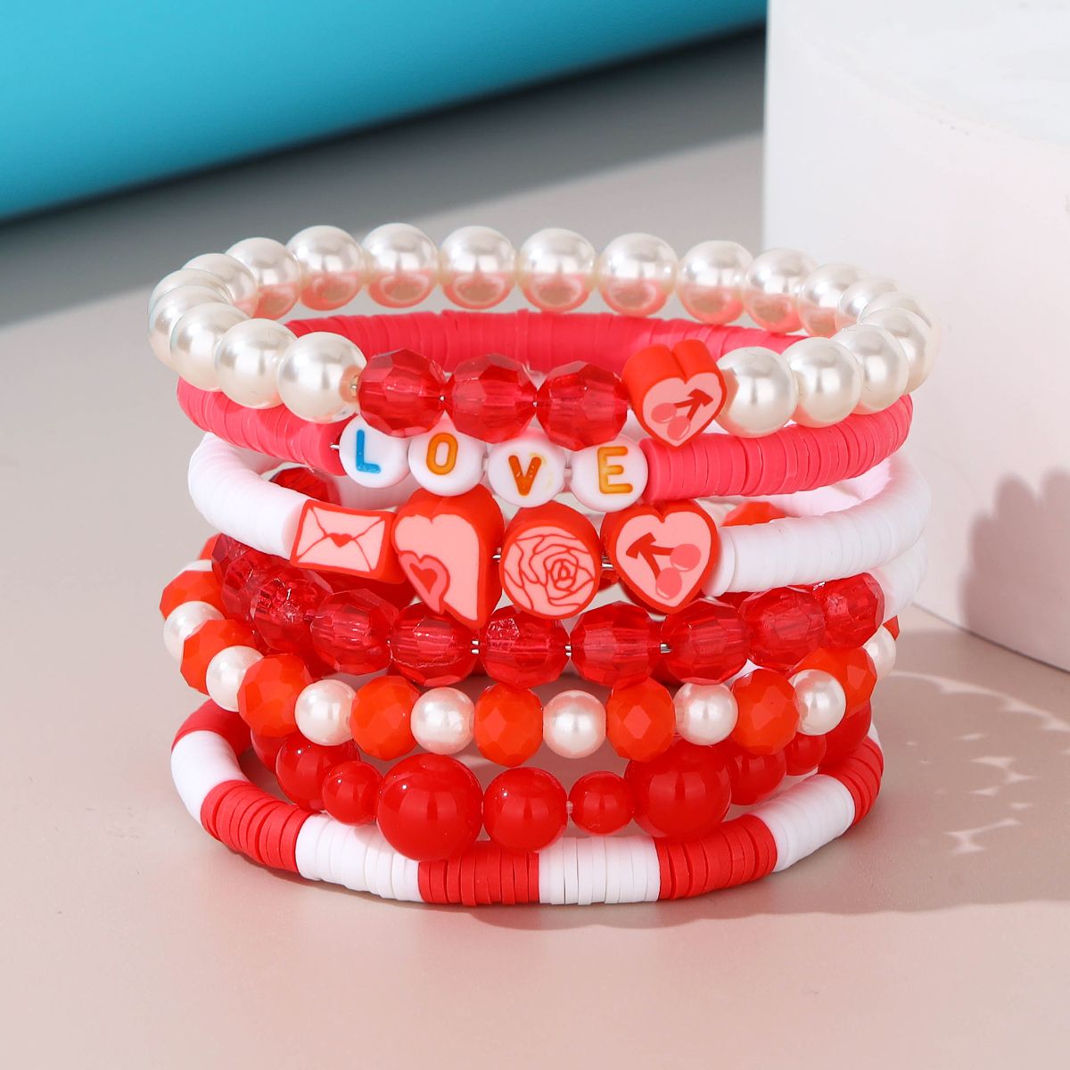 7 Pieces Valentine's Day Soft Ceramic Artificial Crystal Cherry Heart Handmade Beaded Elastic Adjustable Fashion Bracelet Set